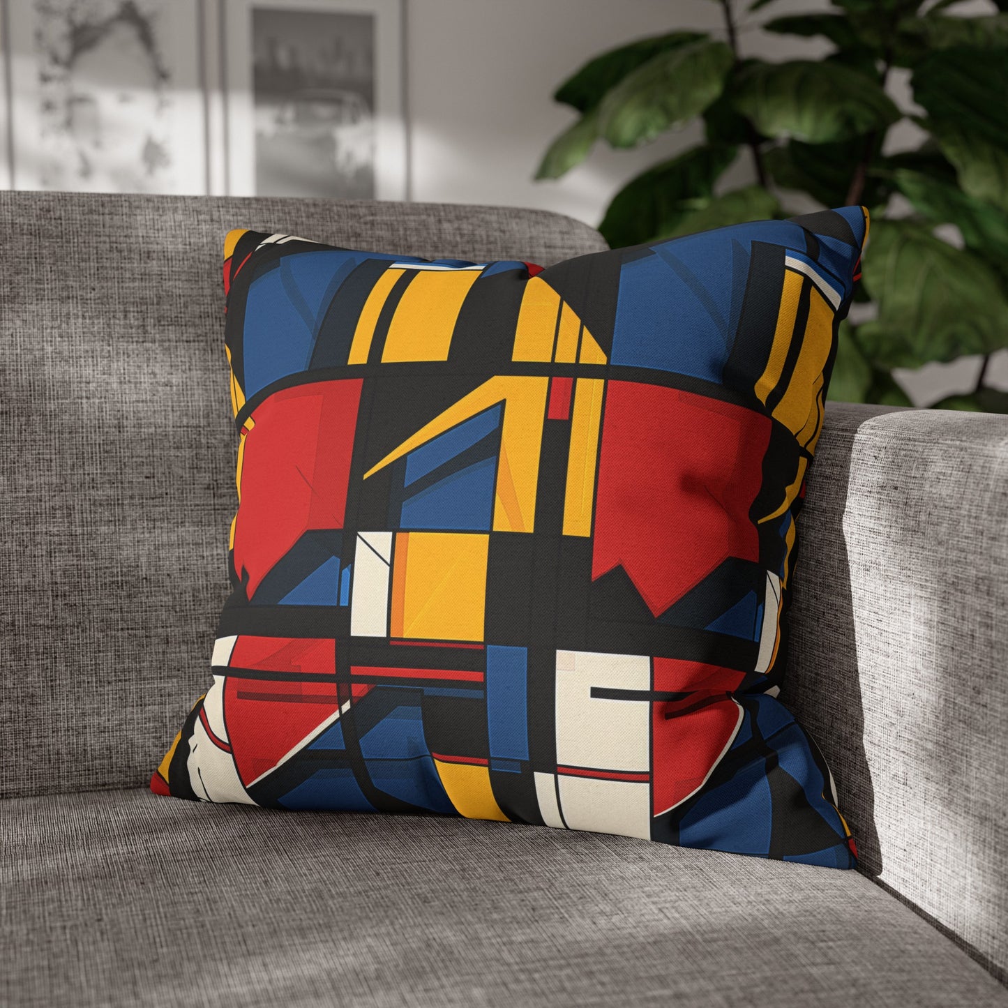 Mondrian-Inspired Bold Primary Colors and Black Lines Abstract Spun Polyester Square Pillowcase 4 Sizes