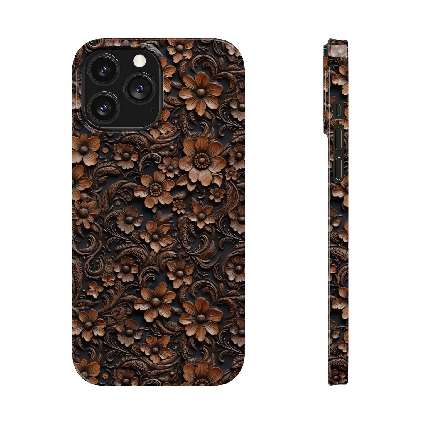 Tooled Deep Brown Leather Flowers Print Design Iphone 15-12 Slim Phone Case