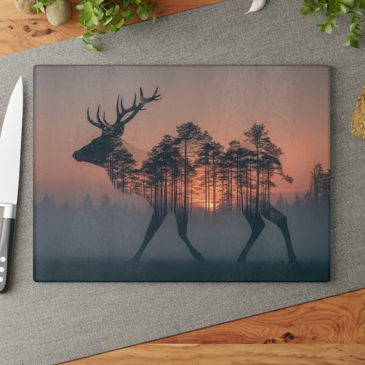 Elk Sunset with Mountains Glass Cutting Board, Charcuterie Serving Tray 2 Sizes
