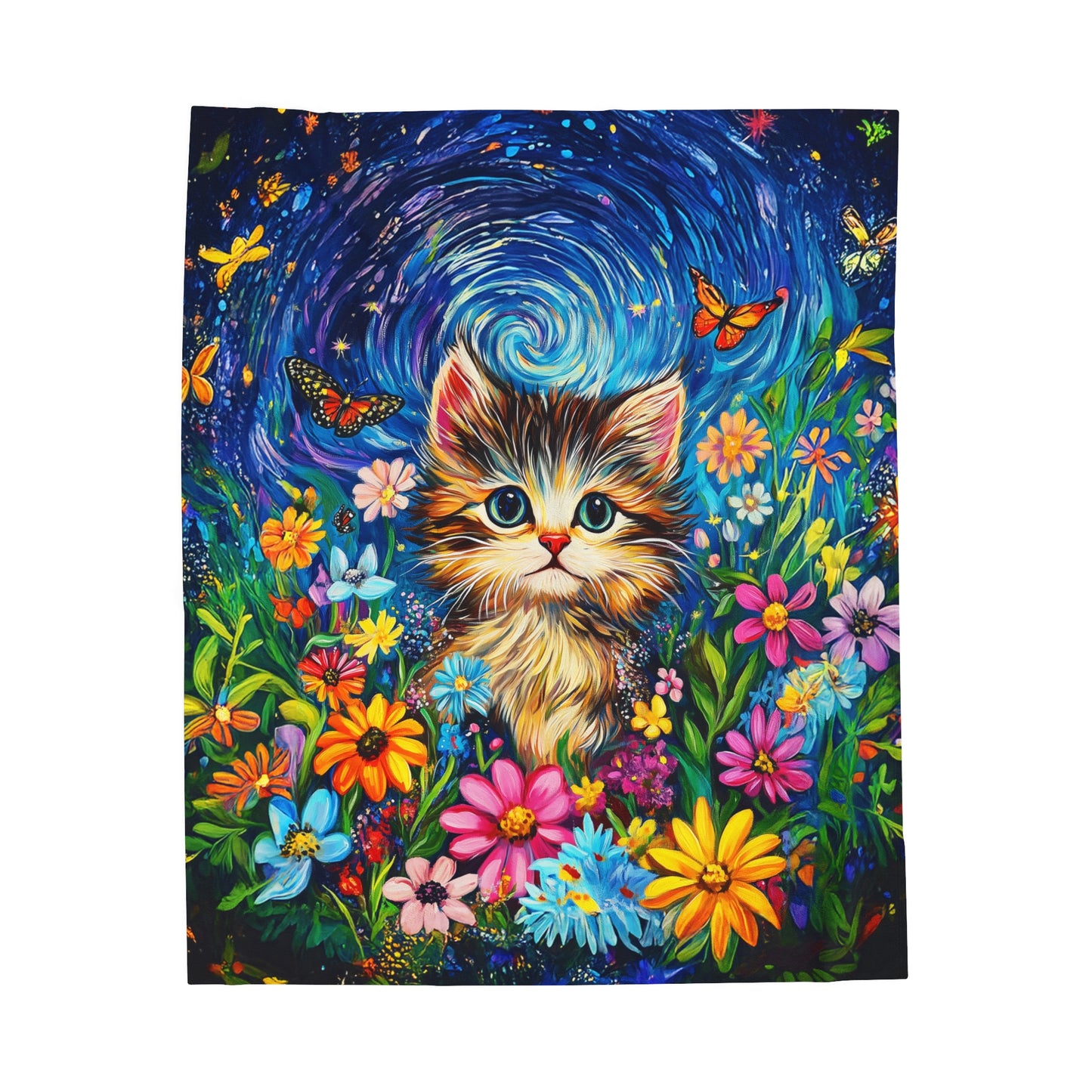 Whimsical Kitten Amidst a Van Gogh-Inspired Floral Fantasy Velveteen Plush Blanket 3 Sizes