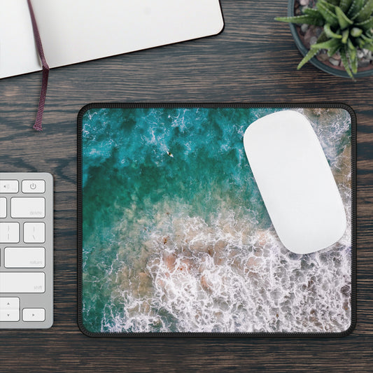 Ocean's Embrace: Deep Green Waters with White Waves Crashing onto the Beach Gaming Mouse Pad with Finished Edges