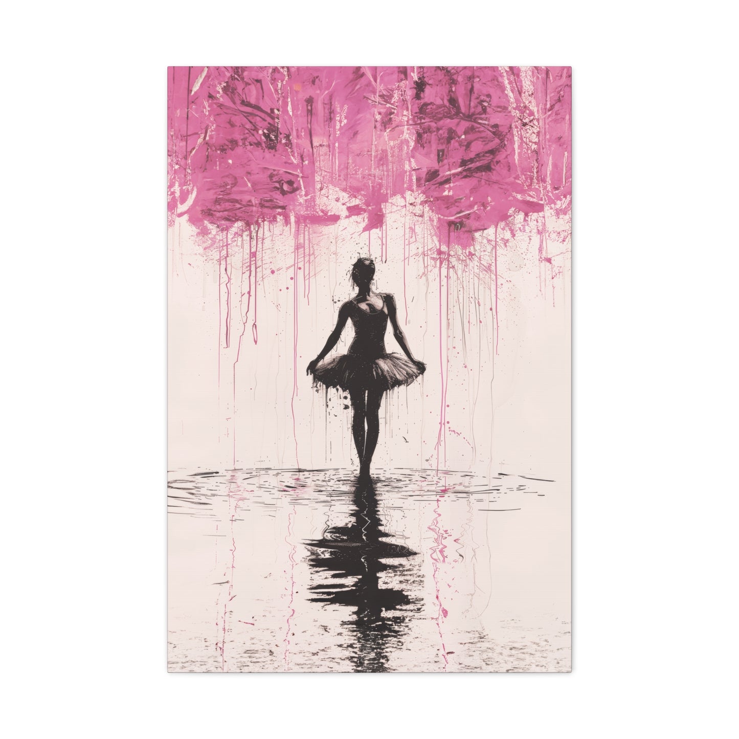 Dreamlike Reverie: Ballerina Dancing Amidst Pink Clouds and Gentle Rain Print on Canvas Gallery - 13 Sizes