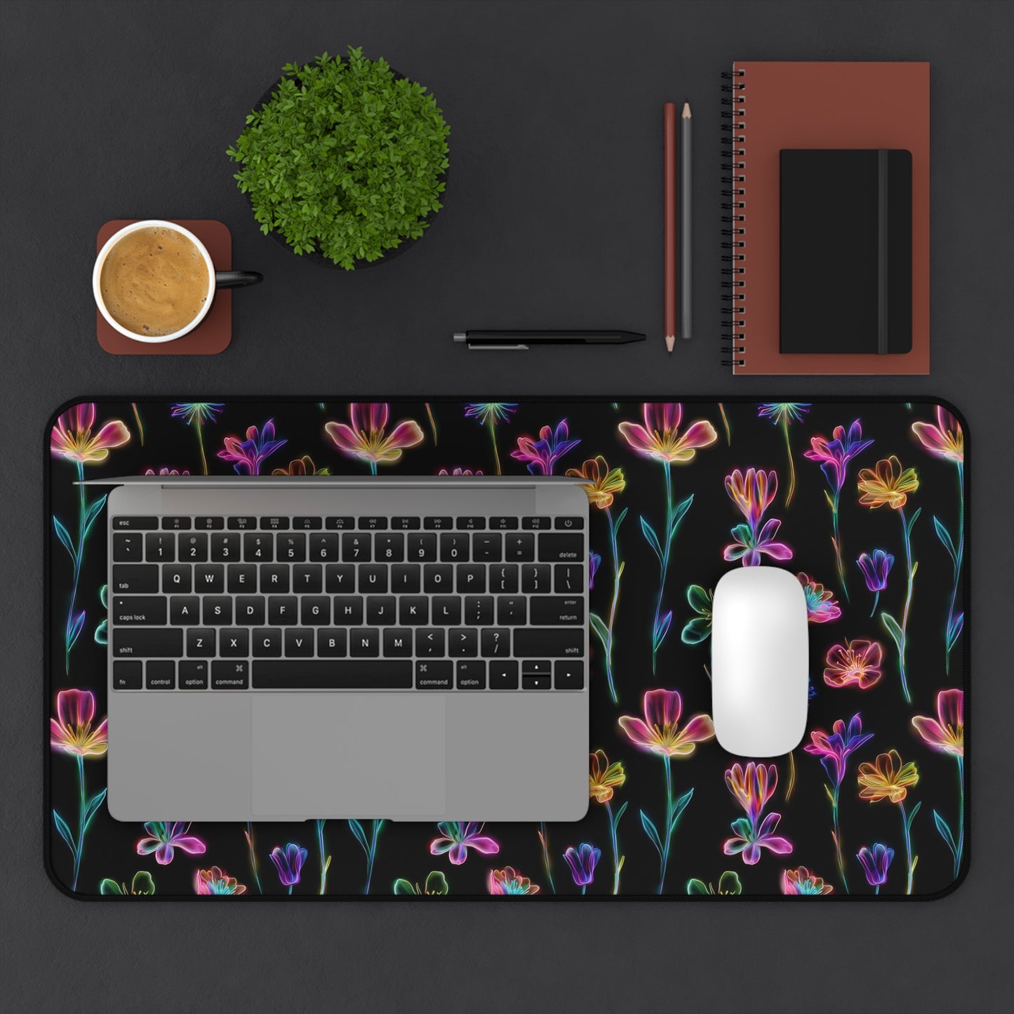 Neon Spring Flowers Deskmat , Floral Dark Desk Decoration, Floral Large Mousepad, Gaming Desk Mat, Desktop Accessory