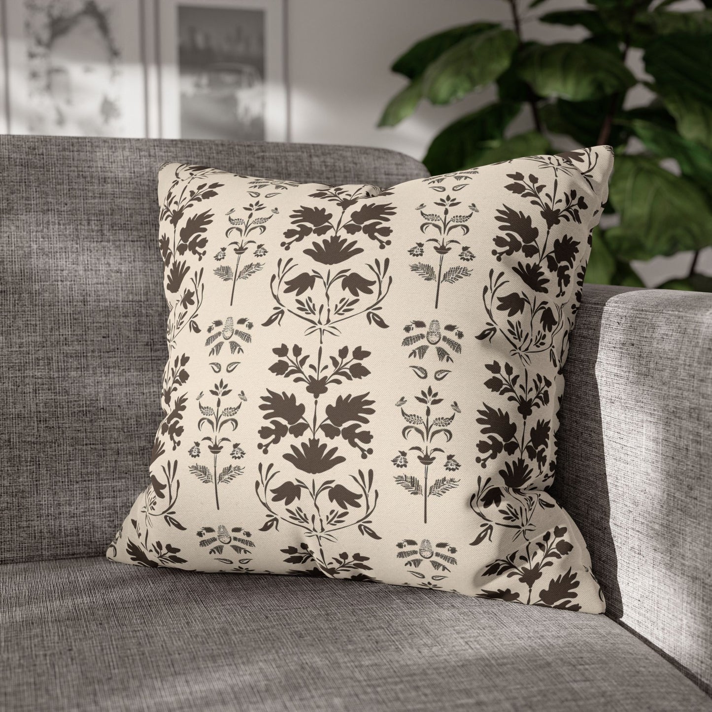 Early American Stencil-Inspired Beige and Brown Floral Pattern Spun Polyester Square Pillowcase 4 Sizes