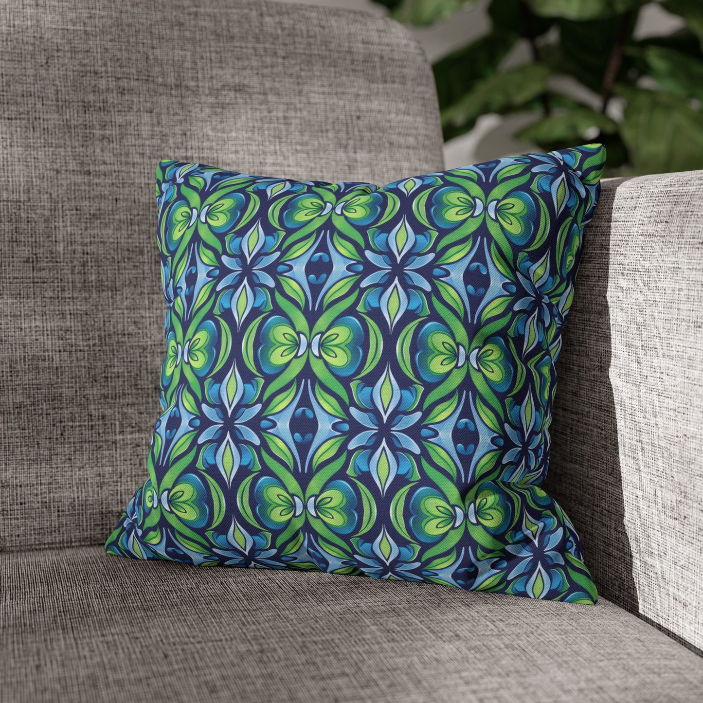 Retro Abstract Blue and Green Floral Pattern Spun Polyester Square Pillowcase 4 Sizes