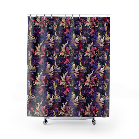 Purple, Gold & Pink Floral Swirls of Foliage Design Bathroom Shower Curtain   71" × 74"