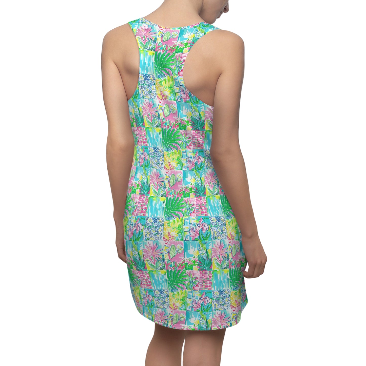 Whimsical Palm Trees and Flowers in Vibrant Pink, Teal, and Green Collage Women's Racerback Dress XS - 2XL