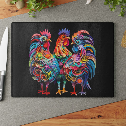 3D Abstract Floral Chickens on Black Background - Glass Cutting Board  8" x 11" and 11" x 15"