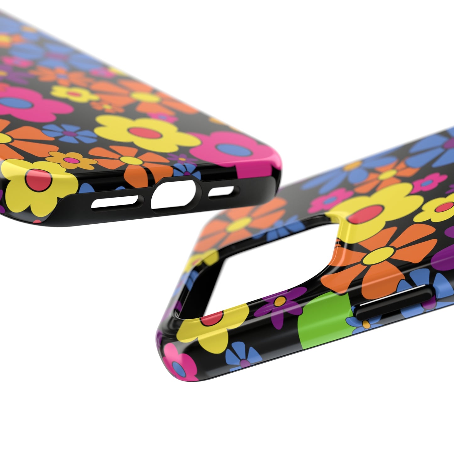 Flower Power Design on Black Background Iphone Tough Phone Case