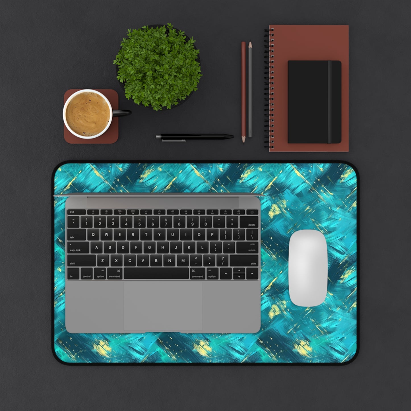 Vibrant Teal and Gold Abstract Brushstroke Pattern Extended Gaming Mouse Pad  Desk Mat  - 3 Sizes