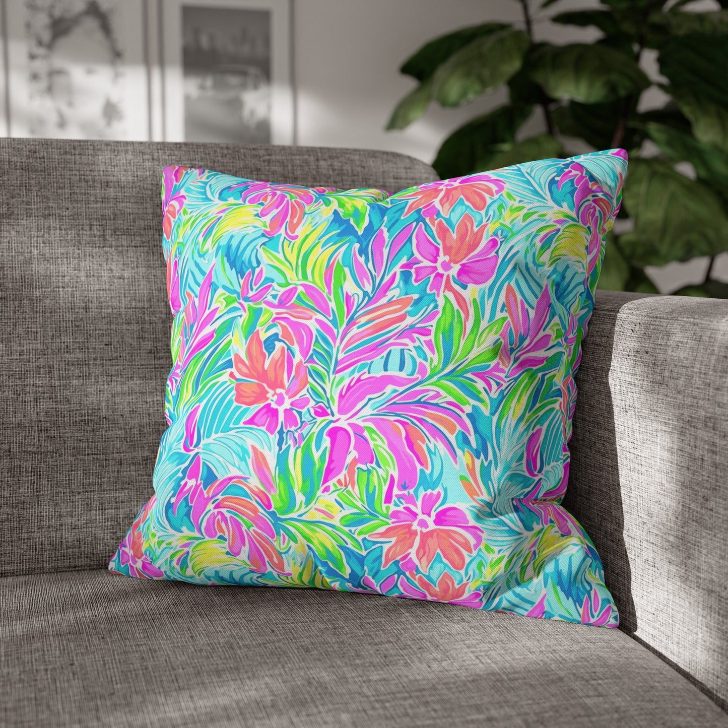 Neon Tropics: Vibrant Rainbow Flowers and Palm Leaves in Electric Splendor Spun Polyester Square Pillowcase 4 Sizes