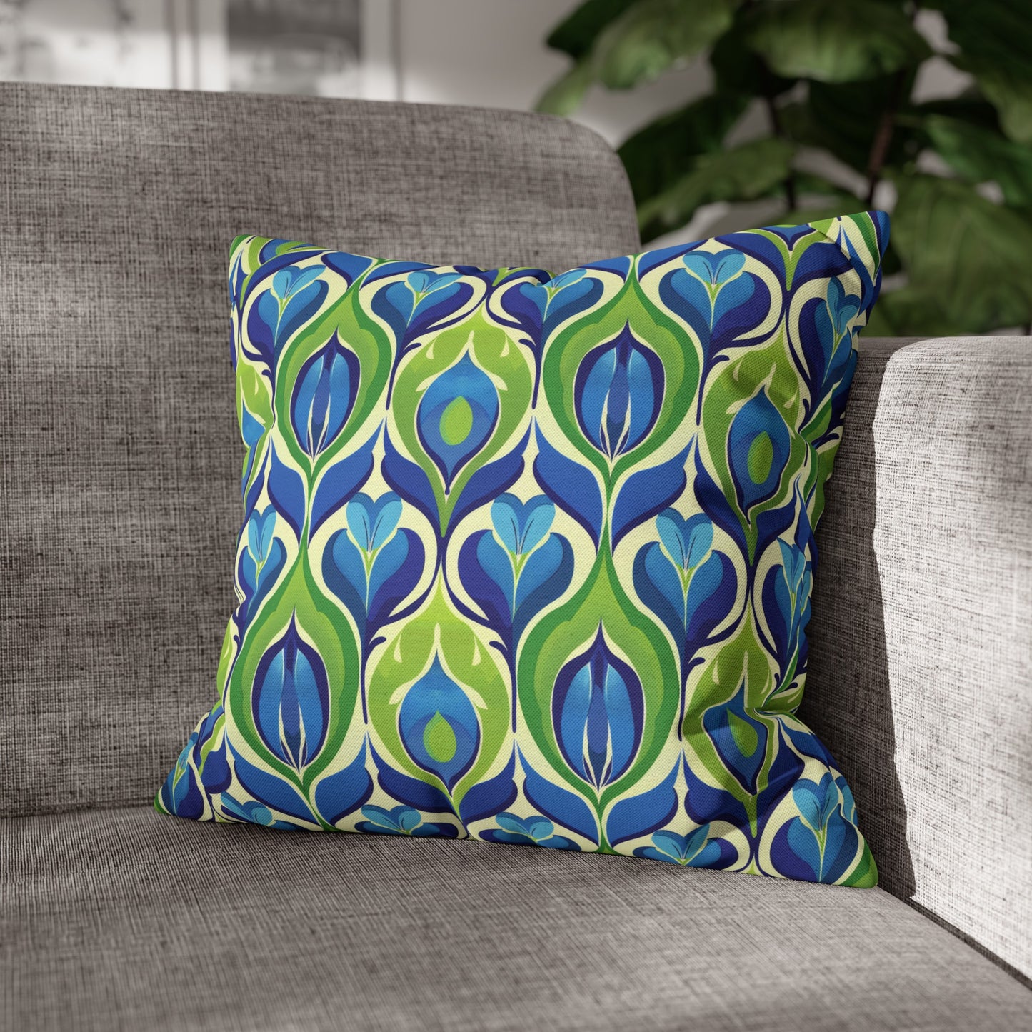 Retro Vibrant Peacock Blue and Green Floral Design Spun Polyester Square Pillowcase 4 Sizes