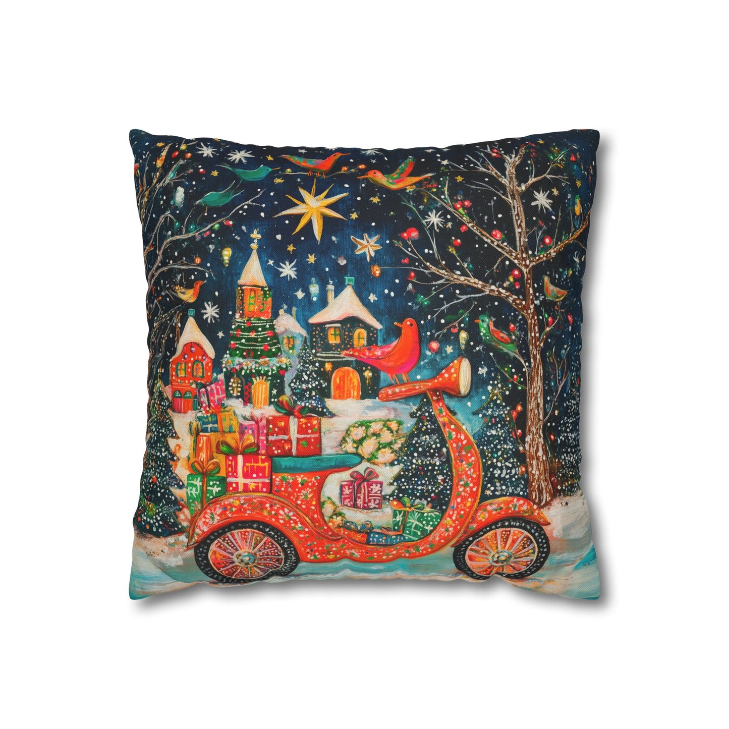 Yuletide Express Festive Scooter Filled with Gifts Spun Polyester Square Pillowcase 4 Sizes