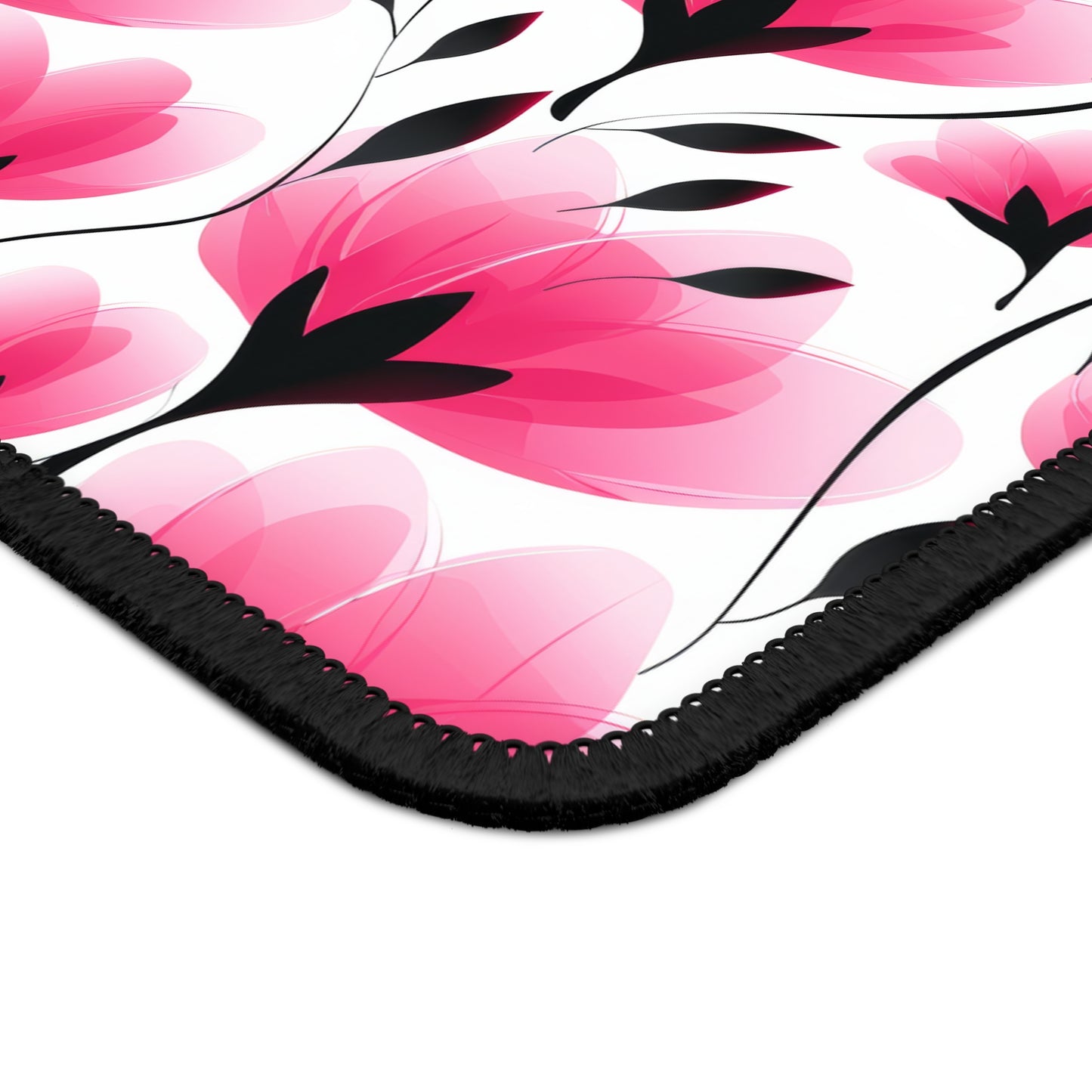 Elegant Modern Pink and Black Floral Blooms Gaming Mouse Pad with Finished Edges