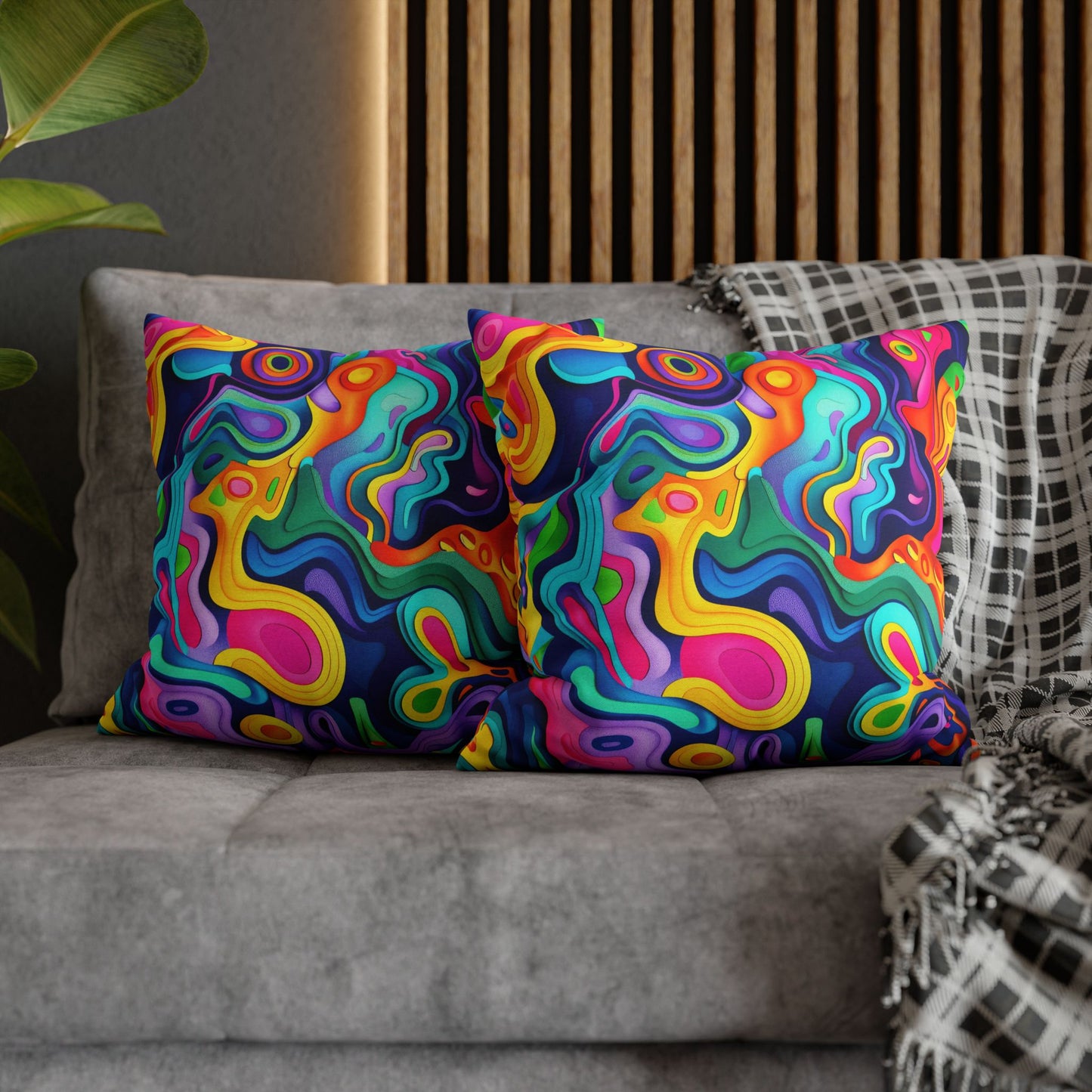 Vibrant Dreamscape of Psychedelic Paper Cut-Out Waves in Vivid Colors Polyester Square Pillowcase 4 Sizes