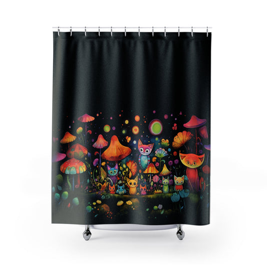 Mystical Cats Amidst a Garden of Flowers and Mushrooms, Beneath a Starry Sky Bathroom Shower Curtain   71" × 74"