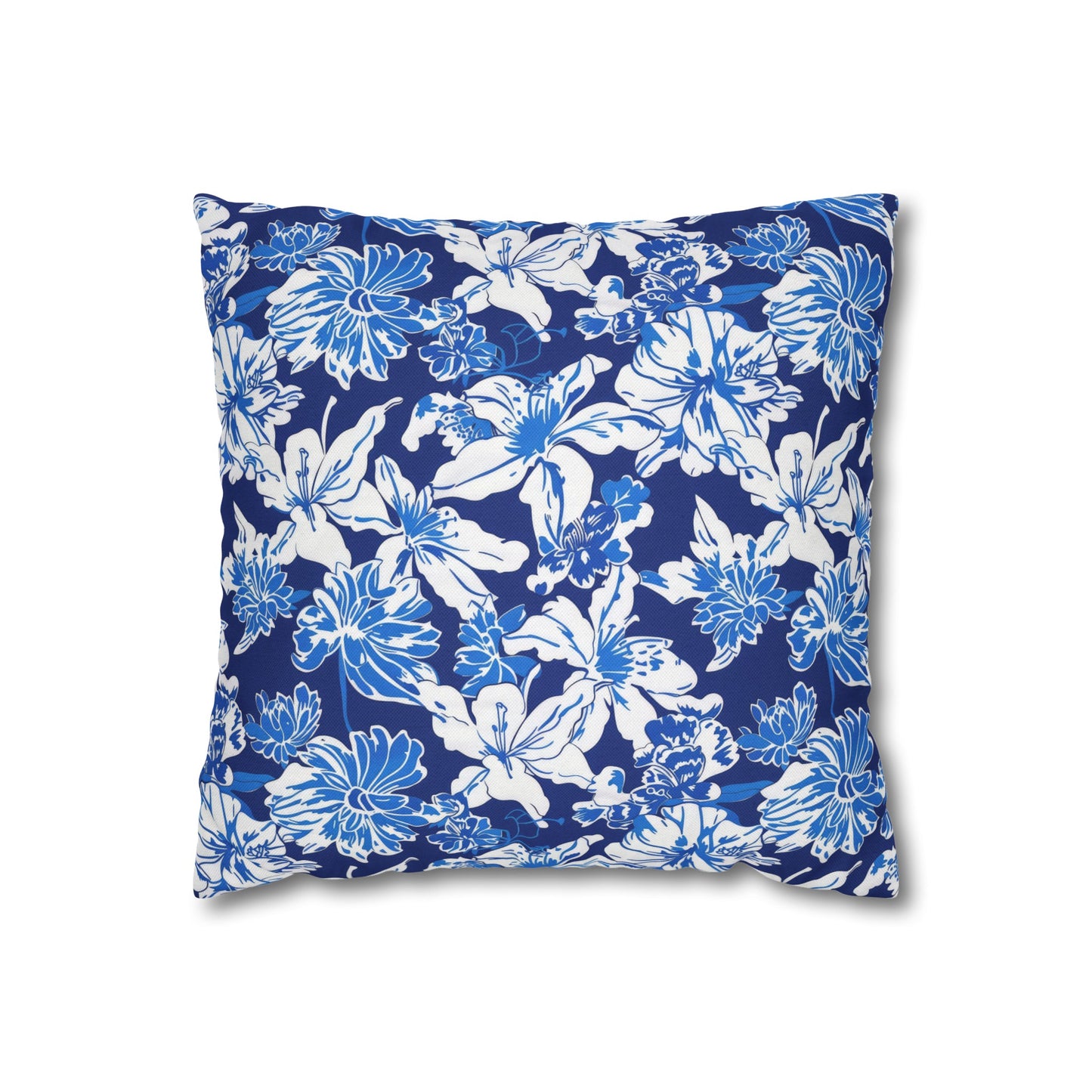 Oceanic Bloom: Watercolor Tropical Flowers in White and Blue against a Deep Blue Background Spun Polyester Square Pillowcase 4 Sizes