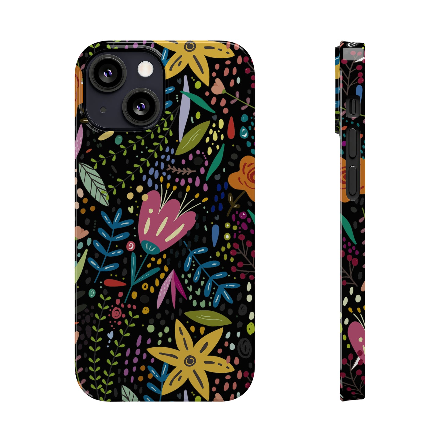 Springtime Splendor: Hand-Drawn Flowers Bursting with Vibrant Colors Design on Black Iphone 15-12 Slim Phone Case