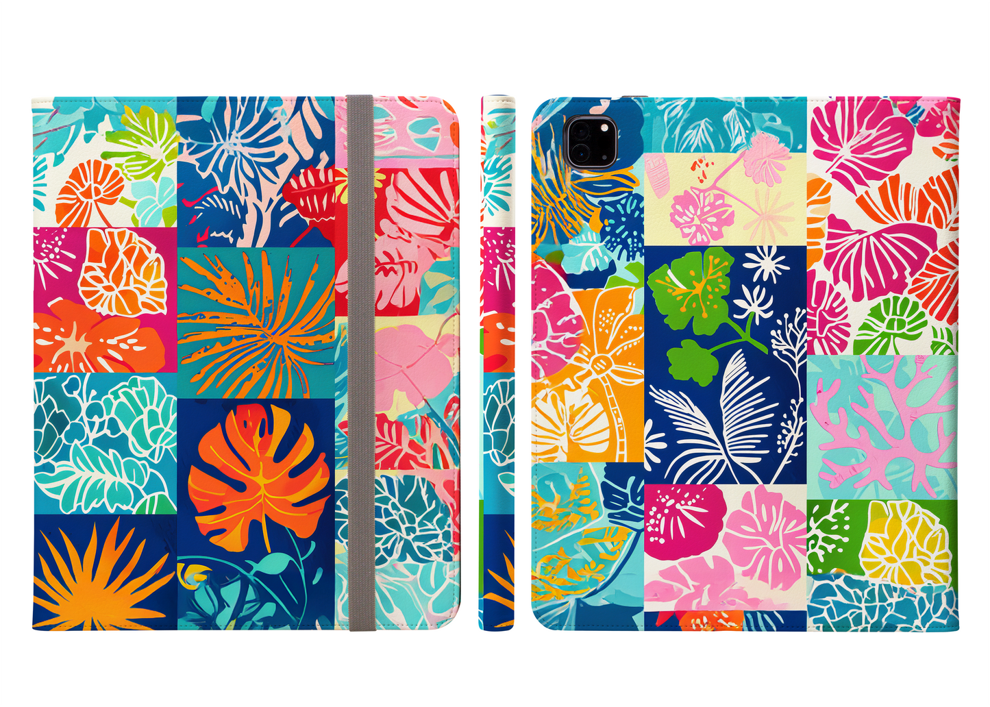 Vibrant Mosaic of Tropical Unique Shapes and Hues, from Vivid Oranges to Deep Blue Leaves and Flowers Protective iPad Pro 11 & Pro 12.9 Protective Case and Pencil Holder