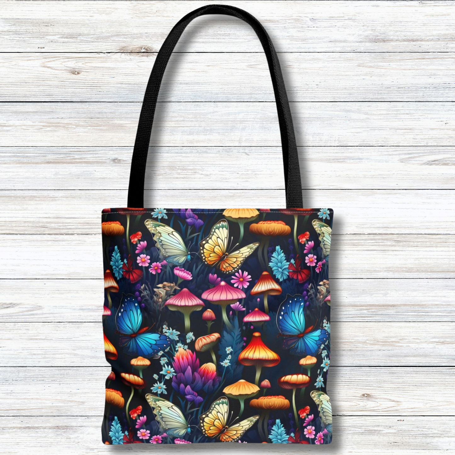 Mystical Butterflies and Mushroom Nighttime Garden - Canvas Tote 3 Sizes