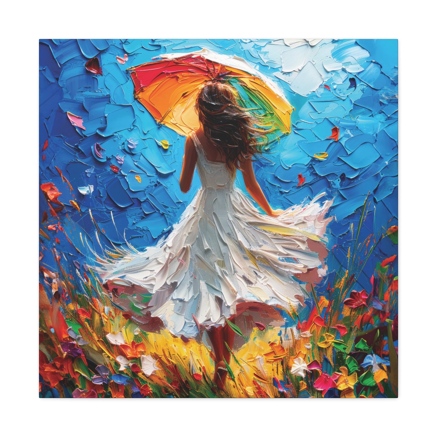 Spring Storm with Women Dancing in Field of Vibrant Spring Flowers Oil Painting Print on Canvas Gallery - 12 Sizes