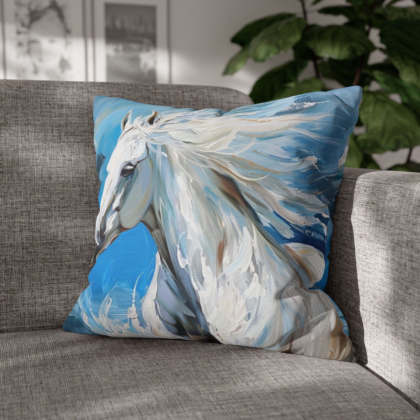 Majestic White Stallion Galloping Along the Oceans Edge Spun Polyester Square Pillowcase 4 Sizes