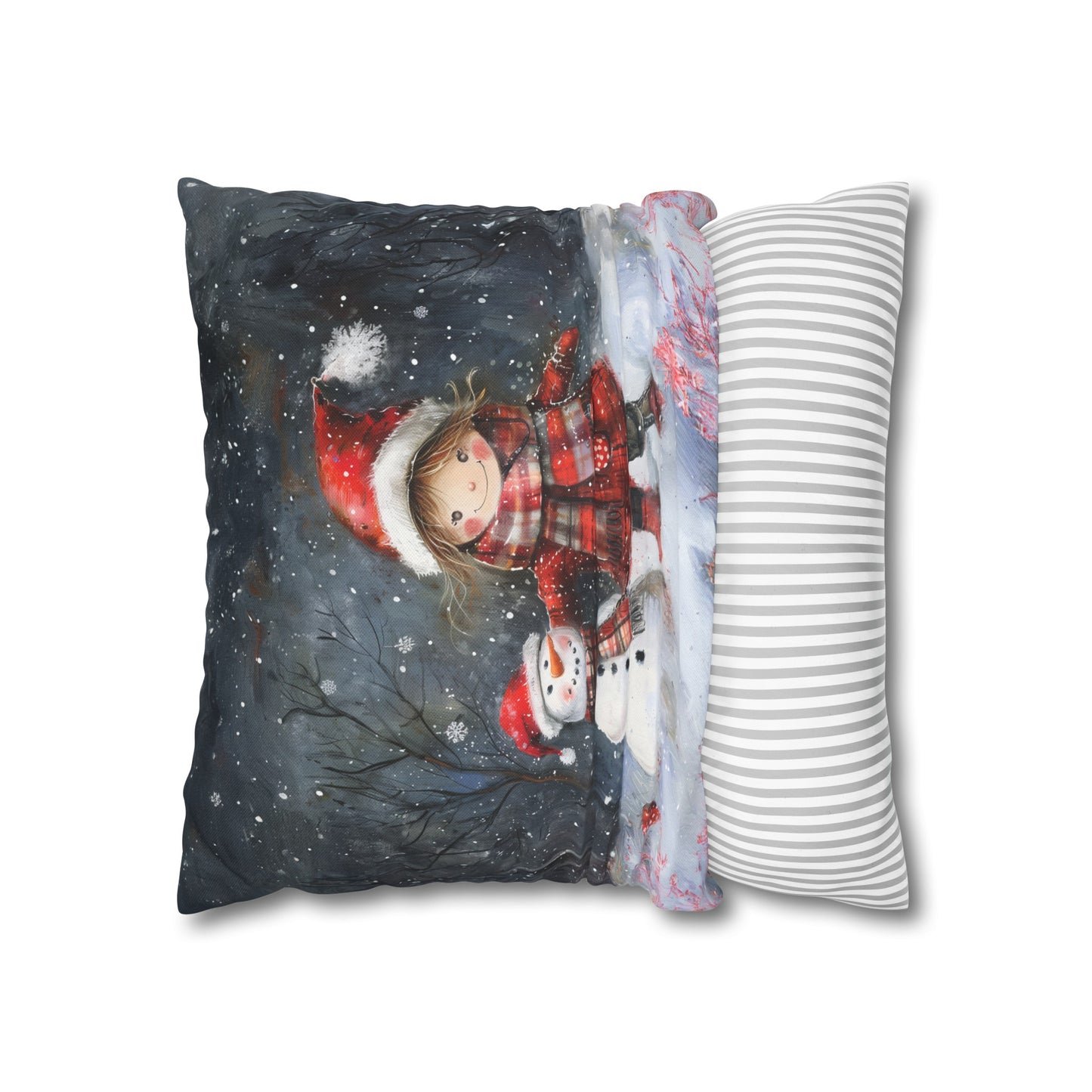 Little Girl and Snowman Sharing Winter's Wonder Spun Polyester Square Pillowcase 4 Sizes