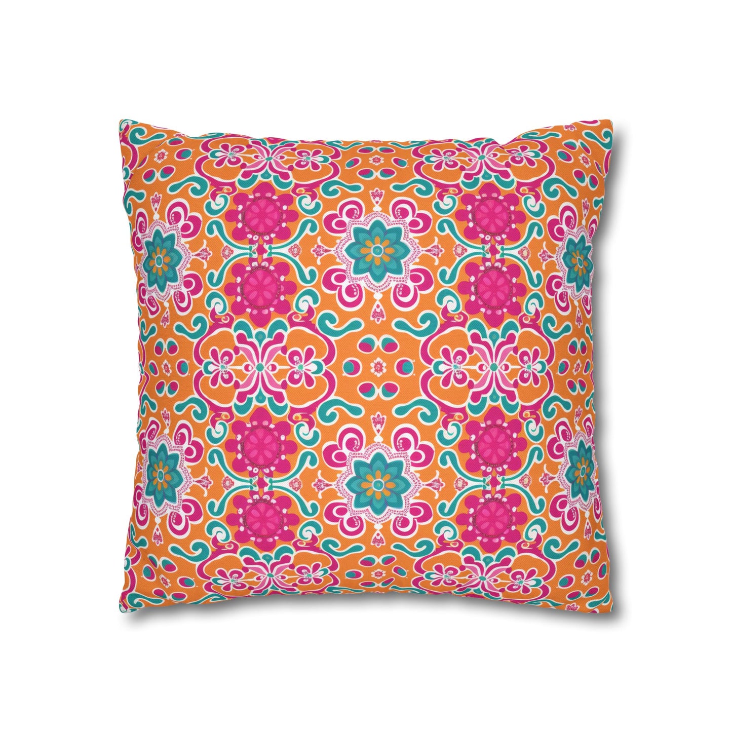 Kaleidoscope of Warm Tangerine, Lush Teal, and Lively Pink Blooms Polyester Square Pillowcase 4 Sizes