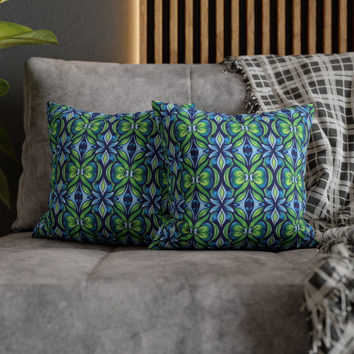 Retro Abstract Blue and Green Floral Pattern Spun Polyester Square Pillowcase 4 Sizes