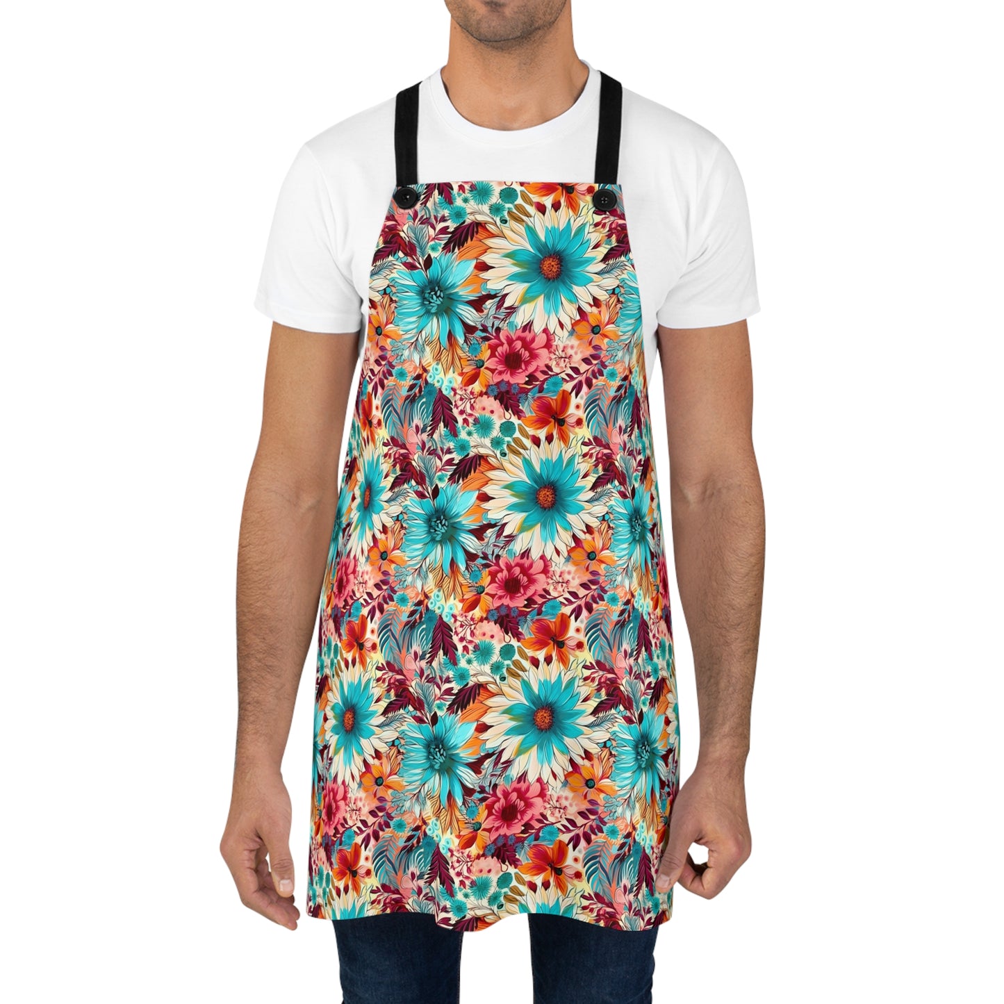 Floral Explosion of Pinks, Teals and Oranges on a Soft Cream Canvas Kitchen Chef Apron