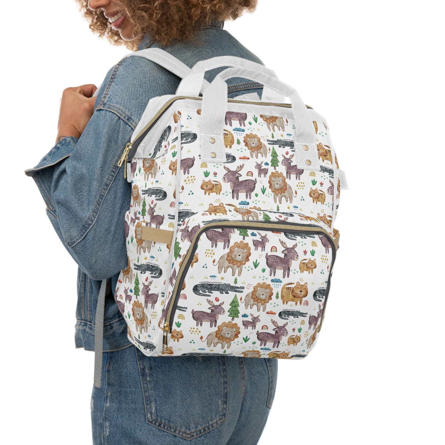 Jungle Jamboree: Kids' Cartoon Lions, Tigers, Alligators, and Reindeer Multifunctional Diaper Backpack