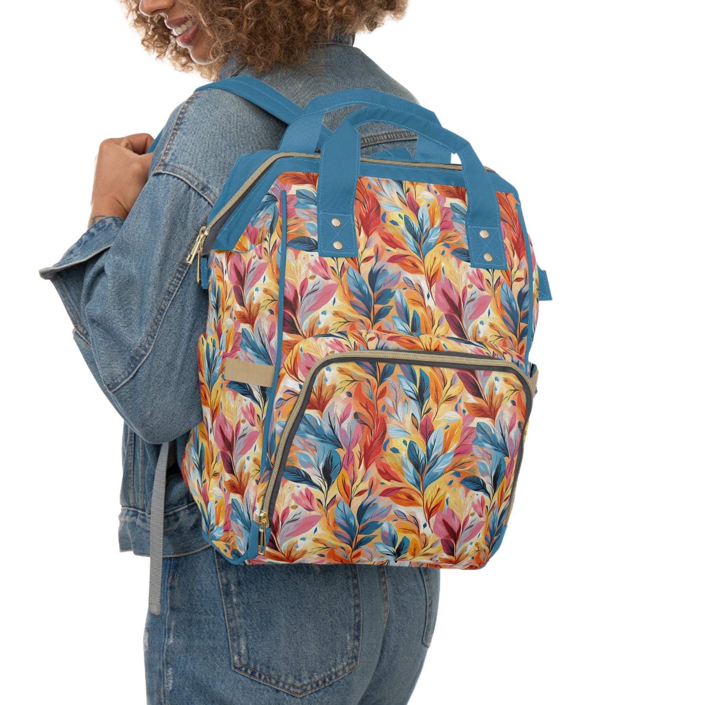 Vibrant Autumn Feathers in Hues of Orange, Yellow, Blue, and Pink on a Textured Background Multifunctional Diaper Backpack