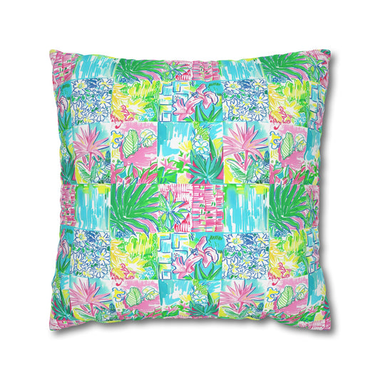 Whimsical Palm Trees and Flowers in Vibrant Pink, Teal, and Green Collage Spun Polyester Square Pillowcase 4 Sizes