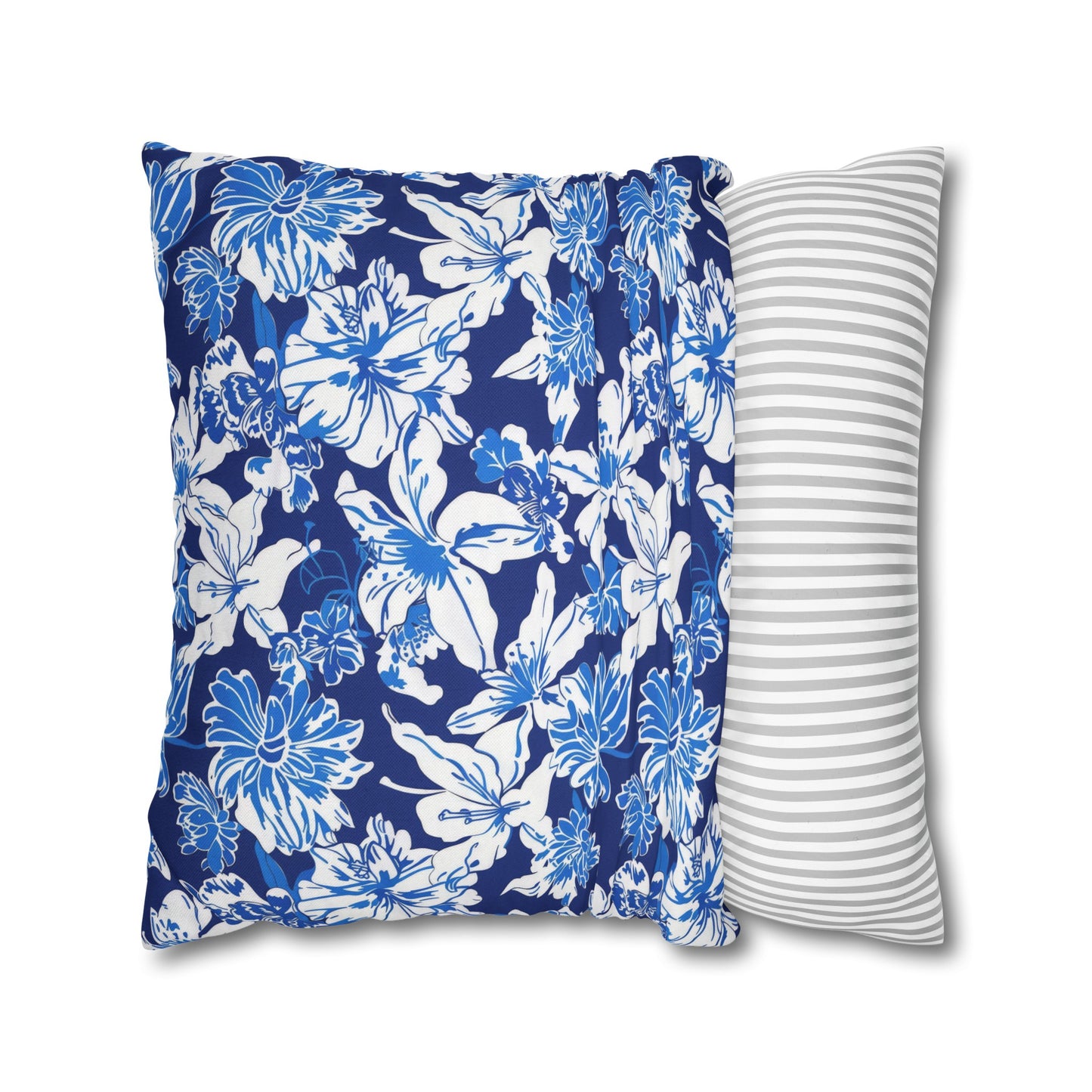 Oceanic Bloom: Watercolor Tropical Flowers in White and Blue against a Deep Blue Background Spun Polyester Square Pillowcase 4 Sizes