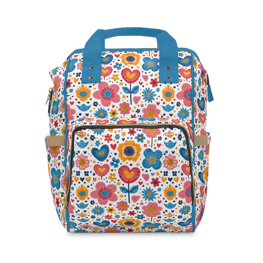 Joyful Blooms: Whimsical Spring Flowers and Hearts in Vibrant Colors with Blue Handle Multifunctional Diaper Backpack