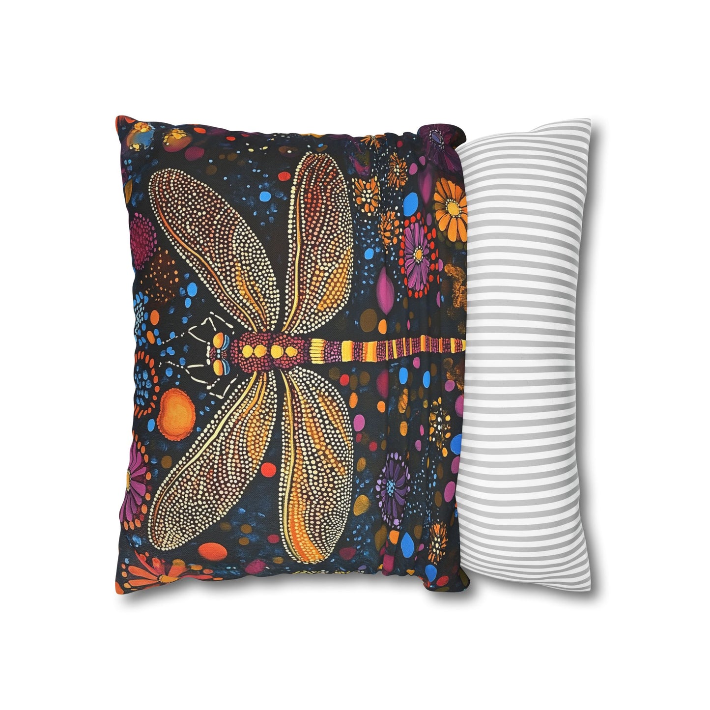 Vibrant Dragonfly Amidst a Kaleidoscope of Dot-Painted Blooms Spun Polyester Square Pillowcase 4 Sizes