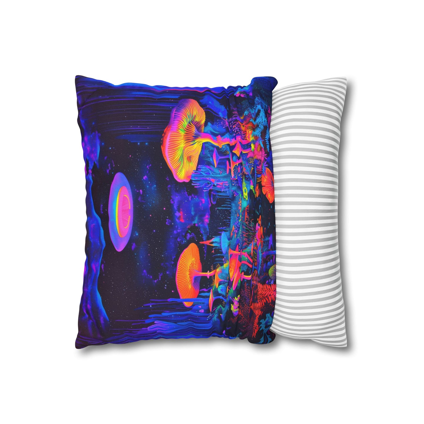 Vibrant Psychedelic Fantasy Neon Mushroom Forest Landscape Spun Polyester Square Pillowcase 4 Sizes