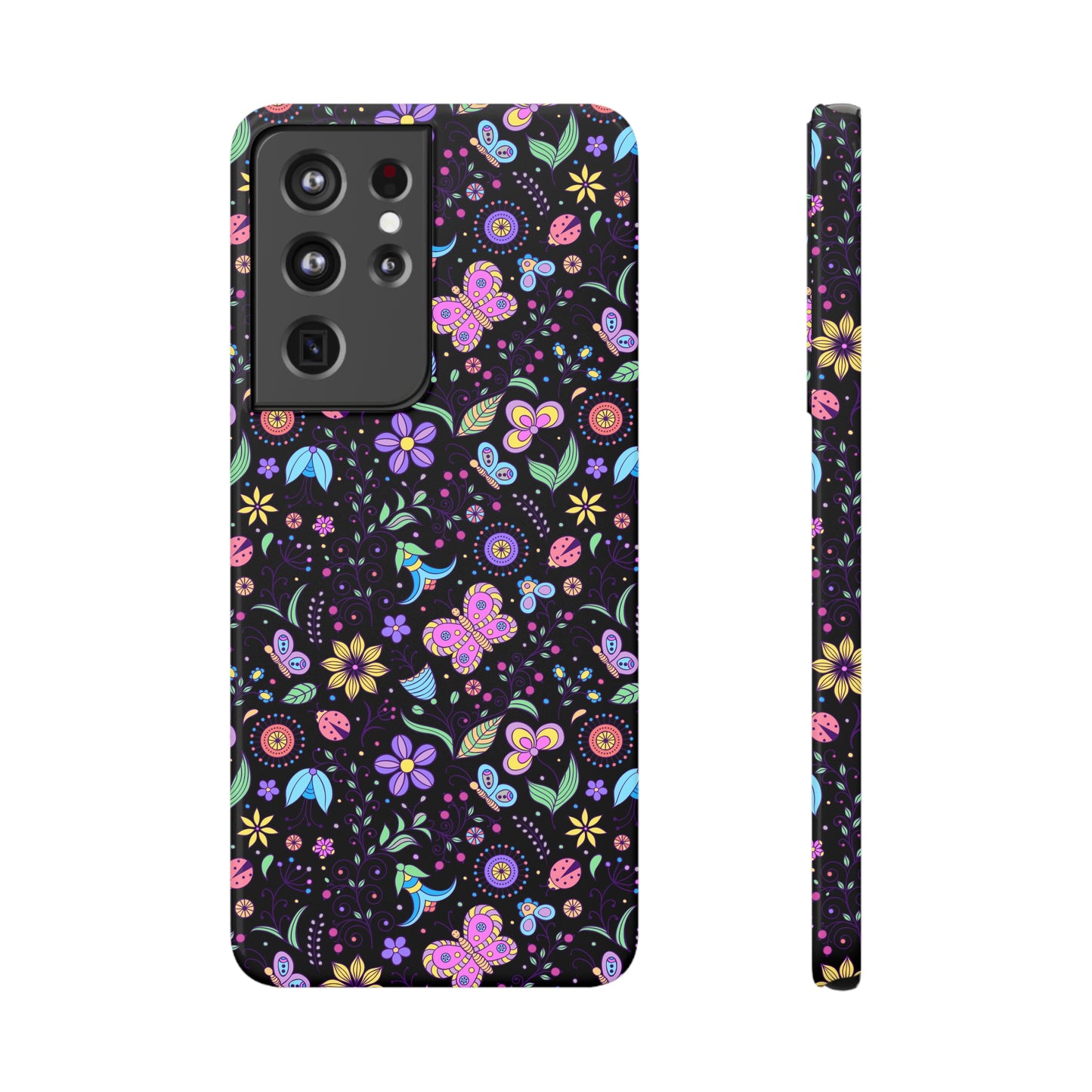 Butterflies and Flowers on Black Background Samsung Slim Cases