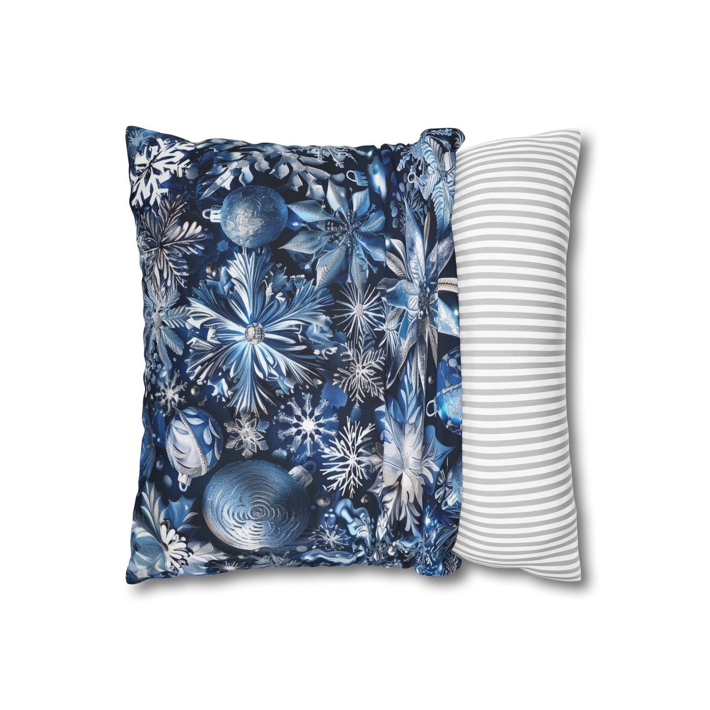 Winter Wonderland Festive Blue and Silver Snowflakes and Ornaments Spun Polyester Square Pillowcase 4 Sizes