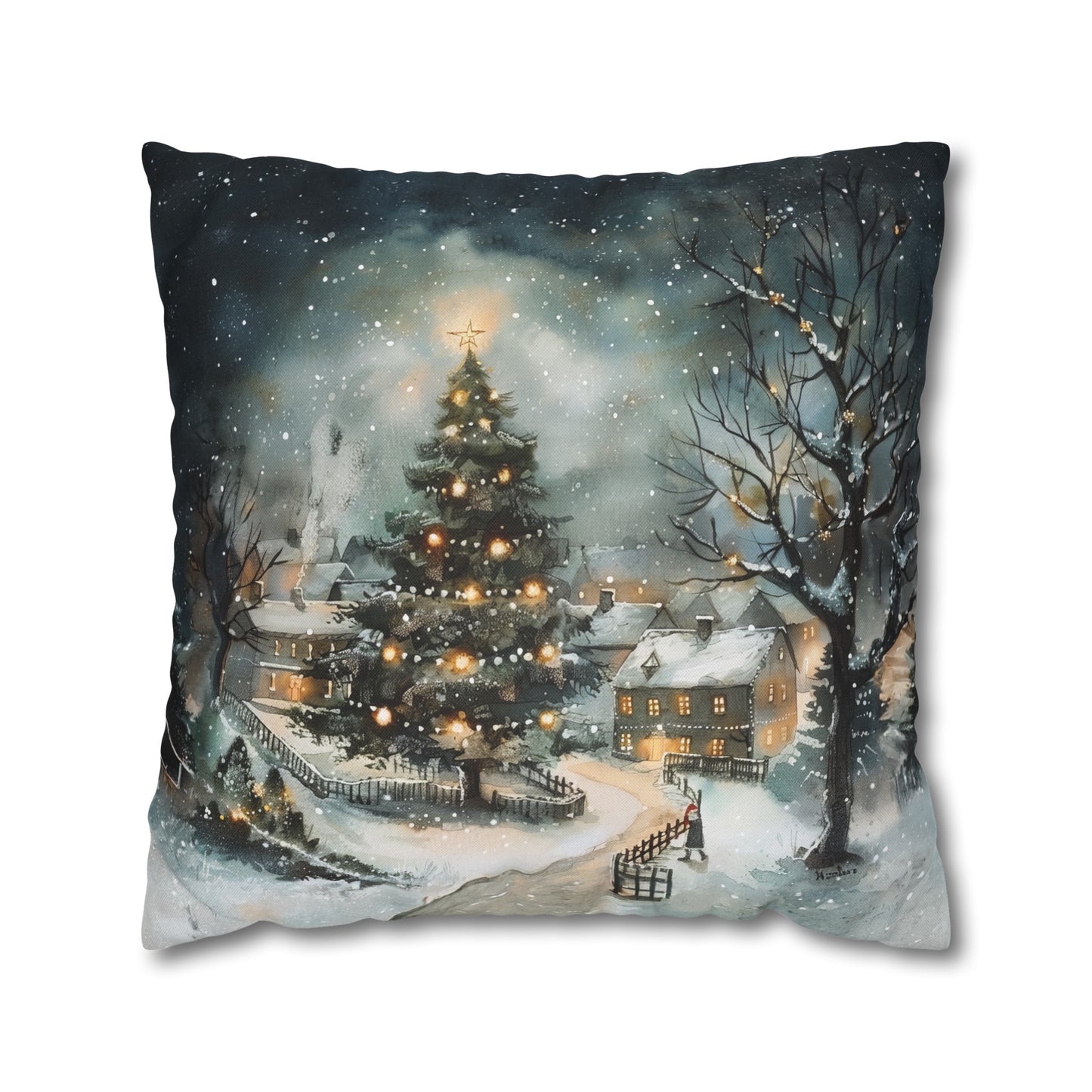 Winter Wonderland Glow: Christmas Tree Illuminating a Snowy Village Spun Polyester Square Pillowcase 4 Sizes