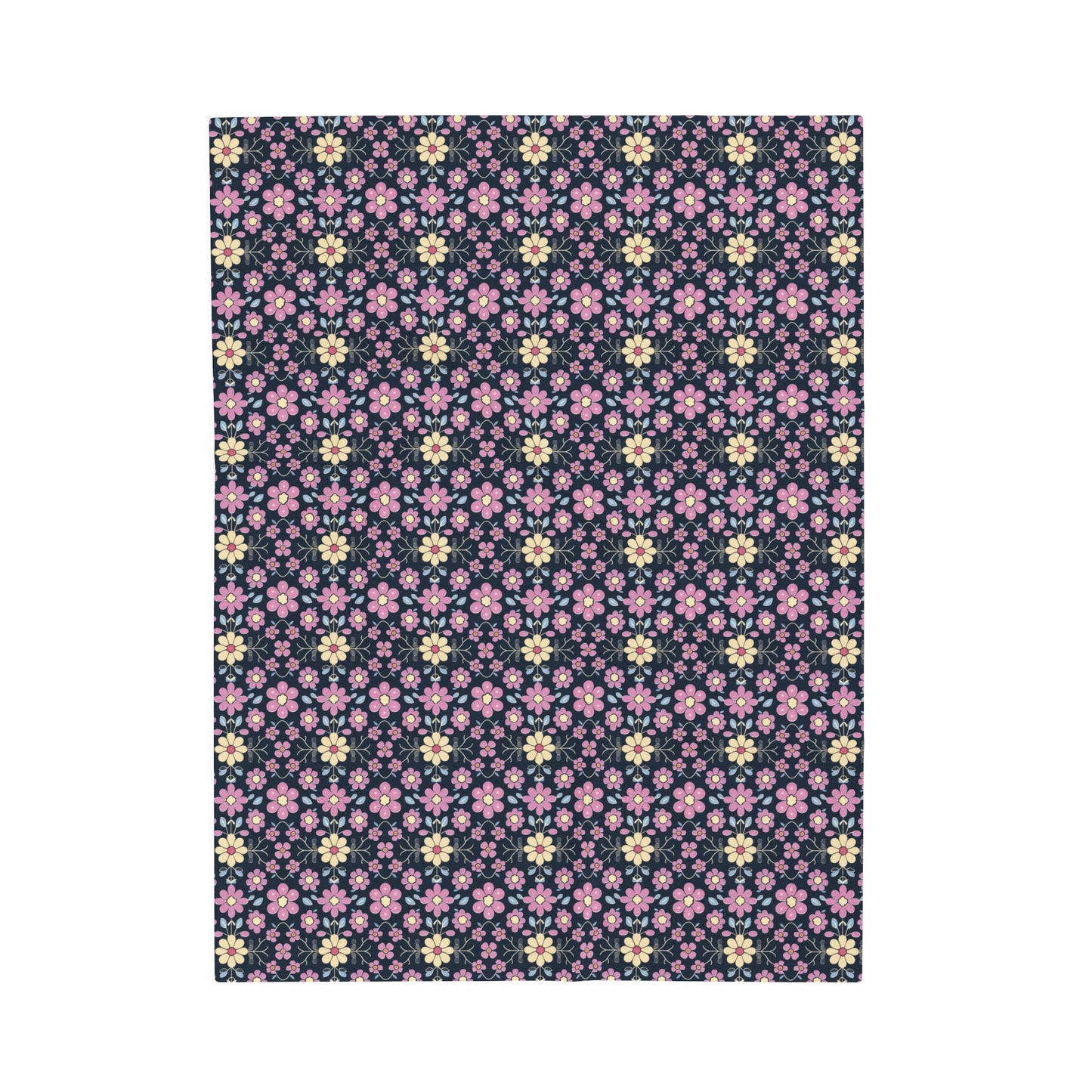 Charming Pastel Pink and Yellow Flowers on Navy Blue Background Velveteen Plush Blanket 3 Sizes