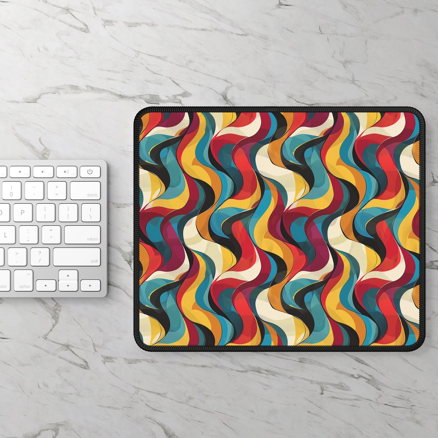 Retro Chic Vintage Blues, Reds and Yellow Waves Gaming Mouse Pad with Finished Edges