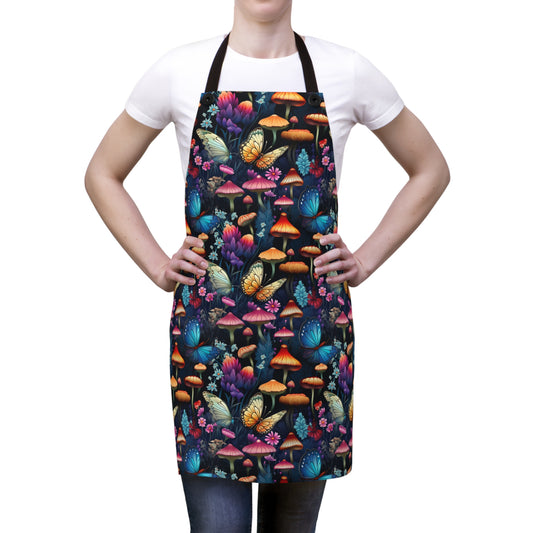 Mystical Butterflies and Mushroom Nighttime Garden - Kitchen Chef Apron