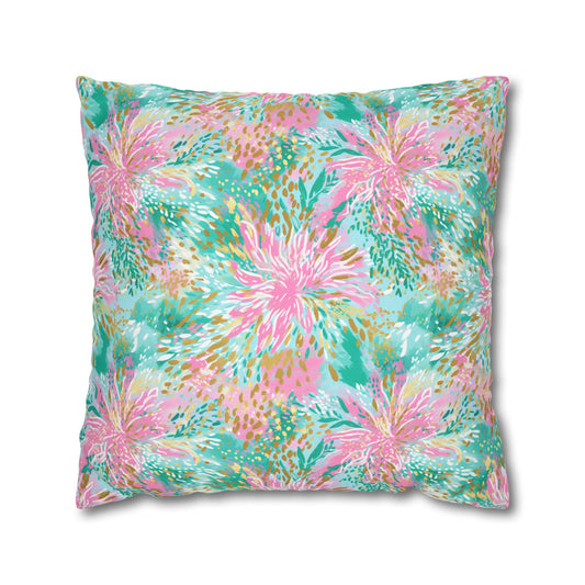 Soft Petal Symphony: Pastel Pink and Green Watercolor Flower Bursts Spun Polyester Square Pillowcase 4 Sizes