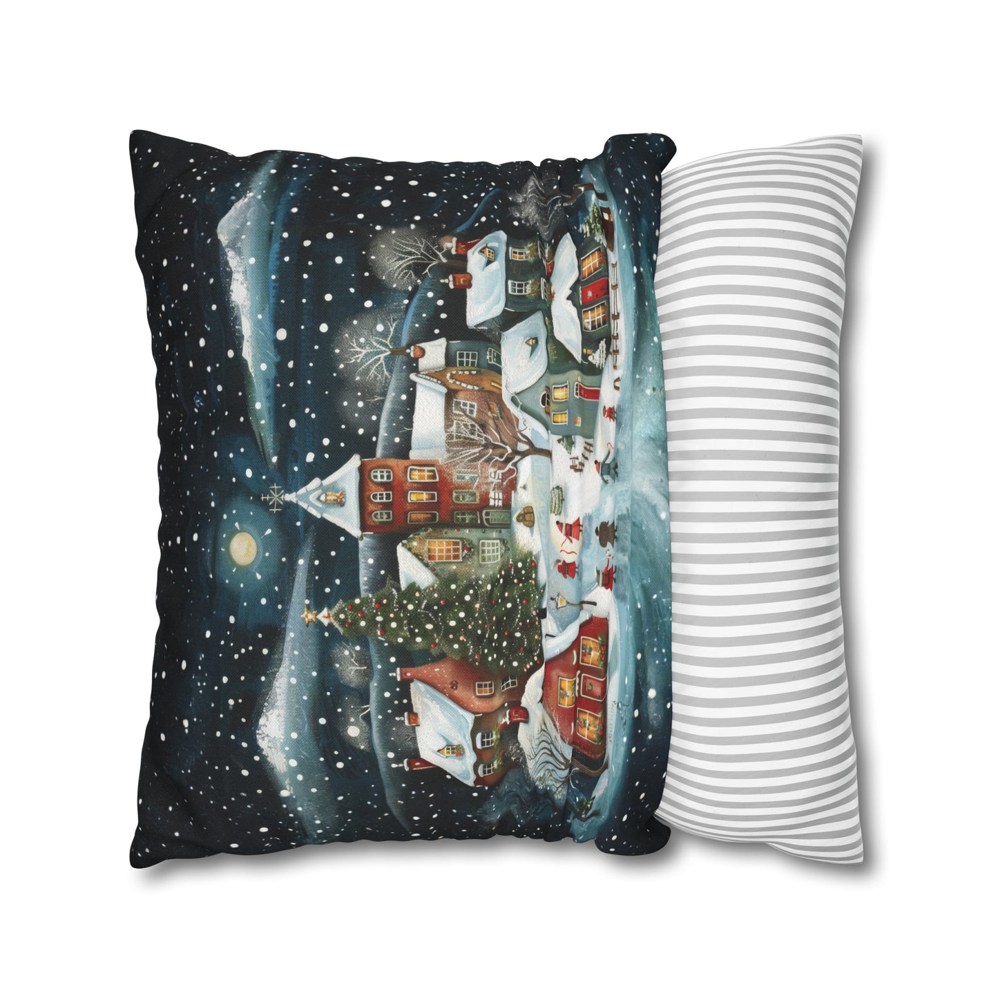 Midnight Magic: Winter Town Aglow with Christmas Decorations and Tree Spun Polyester Square Pillowcase 4 Sizes