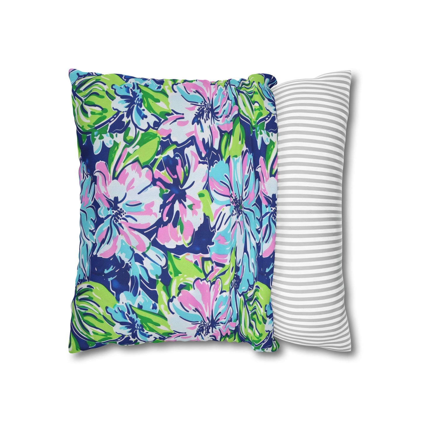 Seaside Coastal Pink, Navy, and Green Tropical Blooms Spun Polyester Square Pillowcase 4 Sizes