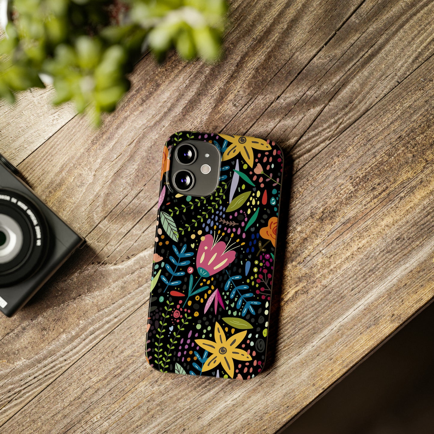 Springtime Splendor: Hand-Drawn Flowers Bursting with Vibrant Colors Design on Black Iphone 15-12 Slim Phone Case