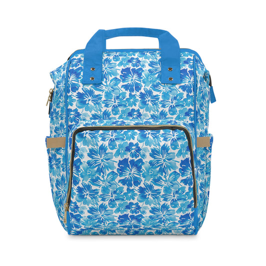 Tranquil Tropics: Soft Blue Tropical Flowers Multifunctional Diaper Backpack