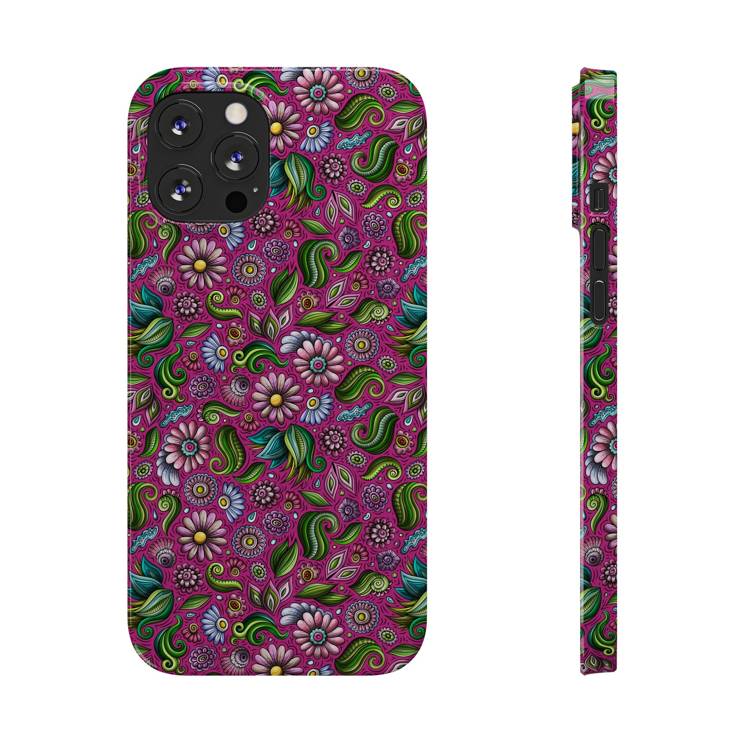 Purple & Pink Daisy Floral Print Hot Pink Background Iphone 15-12 Slim Phone Case