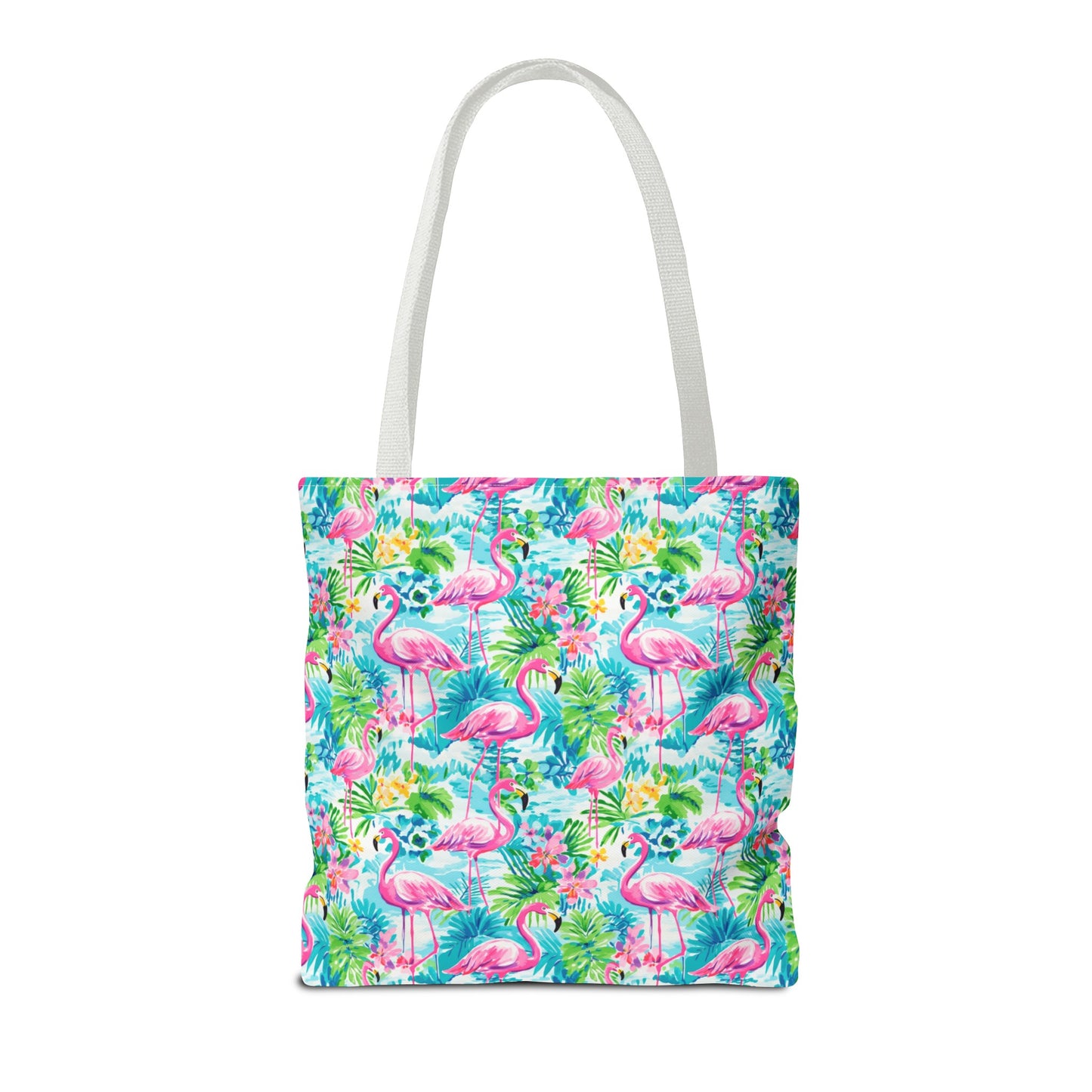 Tropical Flamingo Haven: Surrounded by Flowers and Palm Trees Canvas Tote Bag 3 Sizes